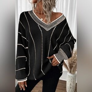 Addie- black colorblock striped v neck sweater NWOT
